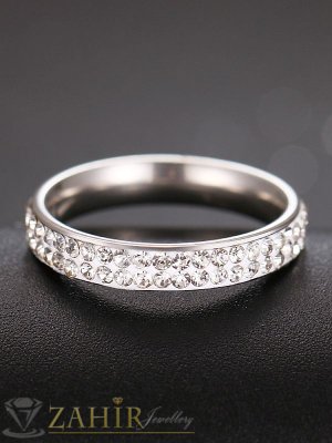  Класически стоманен  пръстен тип халка с два реда кристали, широк 0,6 см, не променя цвета си - P1578